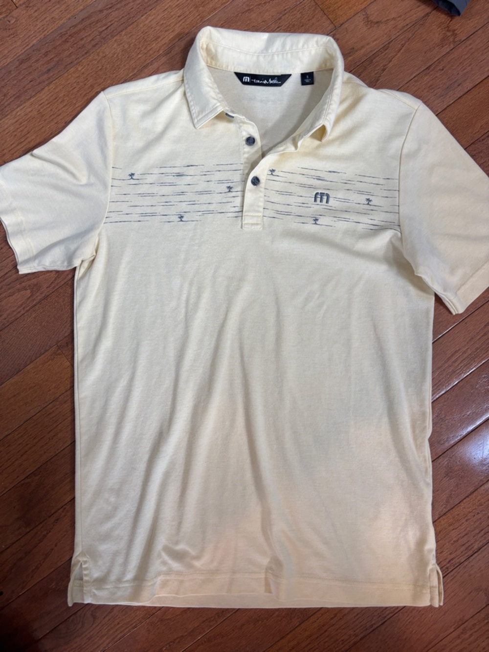 Travis Mathew Pale Yellow Polo with Navy Stripe Accents